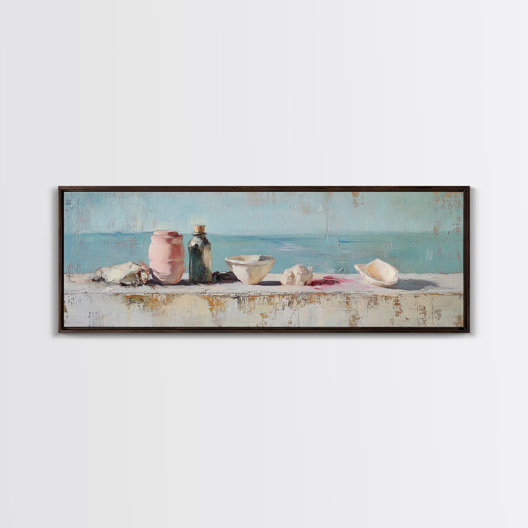 Coastal Seashell Still Life Wall Art, Beach House Canvas Print, Ocean Bathroom Decor, Nautical Kitchen Art, Gift For Her