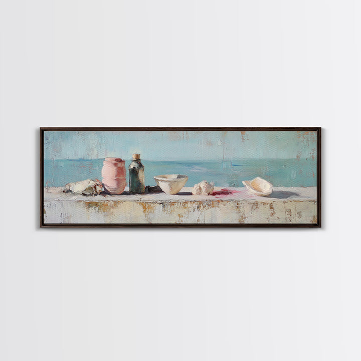 Coastal Seashell Still Life Wall Art, Beach House Canvas Print, Ocean Bathroom Decor, Nautical Kitchen Art, Gift For Her