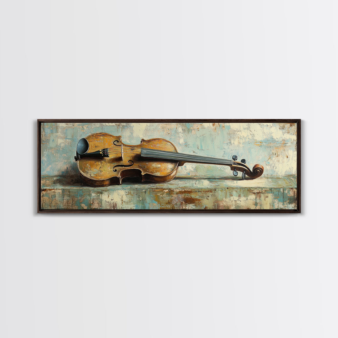 Antique Violin On Weathered Blue Table Framed Canvas Print, Music Room Wall Art, Rustic Studio Decor, Gifts For Musicians