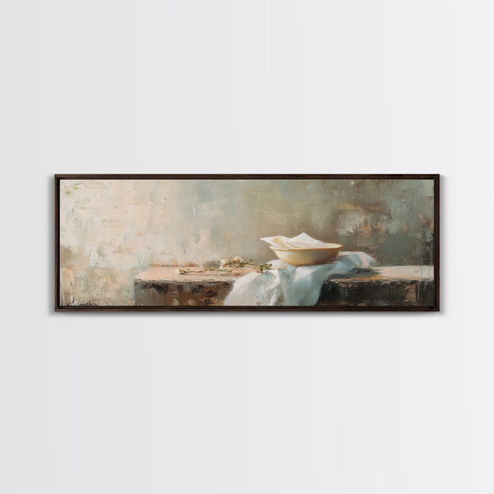 White Bowl Still Life On Linen Canvas Print, Minimalist Kitchen Wall Art, Neutral Wabi Sabi Decor, Calm Dining Room Print
