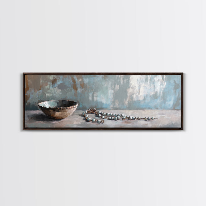Rustic Bowl And Turquoise Beads Still Life Wall Art, Neutral Blue Home Decor, Wabi Sabi Canvas Art, Minimalist Office Decor