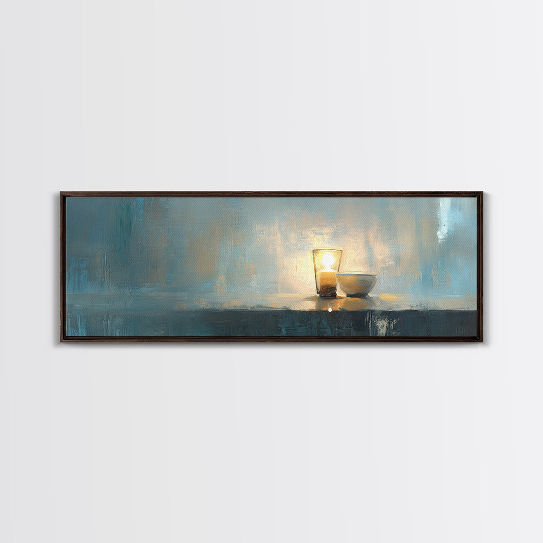 Glowing Candle And Small Bowl Minimalist Wall Art, Blue Wabi Sabi Home Decor, Calming Canvas Print, Zen Dining Room Decor