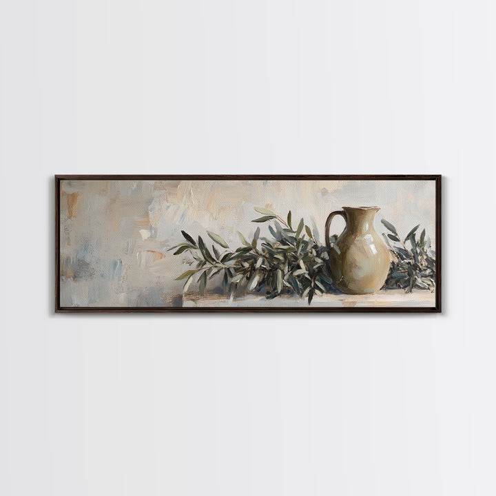 Olive Branches And Clay Pitcher Wall Art, Mediterranean Canvas Print, Rustic Kitchen Decor, Neutral Botanical Home Decor
