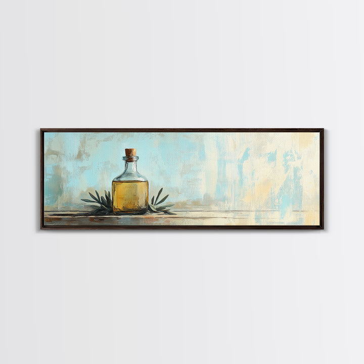 Amber Bottle And Green Leaves Wall Art, Minimalist Still Life Canvas Print, Rustic Kitchen Decor, Modern Farmhouse Home Decor