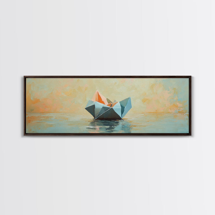 Origami Paper Boat On Calm Water Canvas Print, Coastal Wall Art, Nautical Home Decor, Beach House Living Room Decor, Above Sofa Art