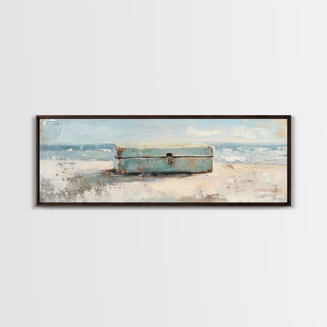 Weathered Blue Trunk On Sandy Beach Canvas Print, Coastal Wall Art, Ocean Seascape Decor, Nautical Housewarming Gift, Beach House Decor