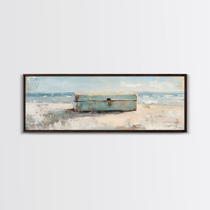 Weathered Blue Trunk On Sandy Beach Canvas Print, Coastal Wall Art, Ocean Seascape Decor, Nautical Housewarming Gift, Beach House Decor