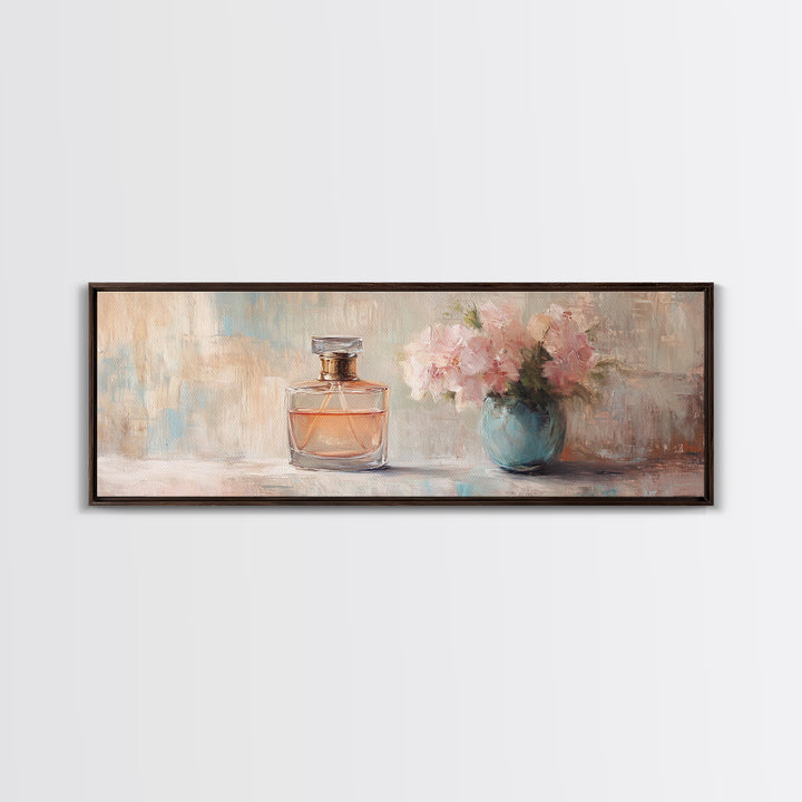 Perfume Bottle And Pink Flowers Framed Canvas Print, Feminine Wall Art, Vanity Decor, Romantic Bedroom Gift For Her, Coquette Prints