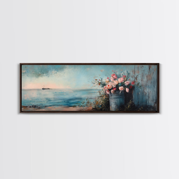 Blue Seascape With Flower Bucket Wall Art, Coastal Canvas Print, Beach House Decor, Ocean Landscape Housewarming Gift, Living Room Art