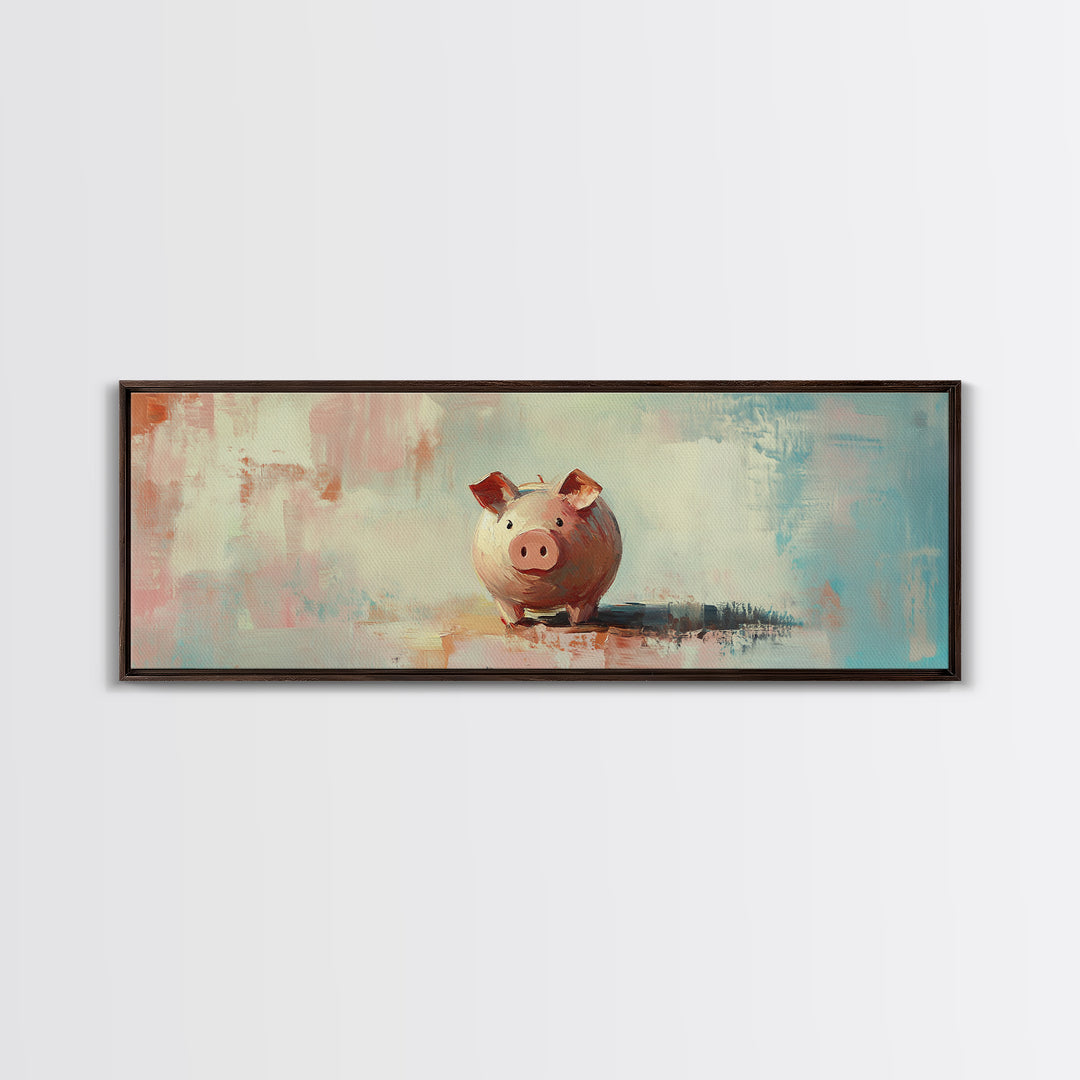 Pink Piggy Bank Oil Painting Canvas Print, Whimsical Wall Art, Cute Nursery Decor, Kids Room Art, Housewarming Gift, Fun