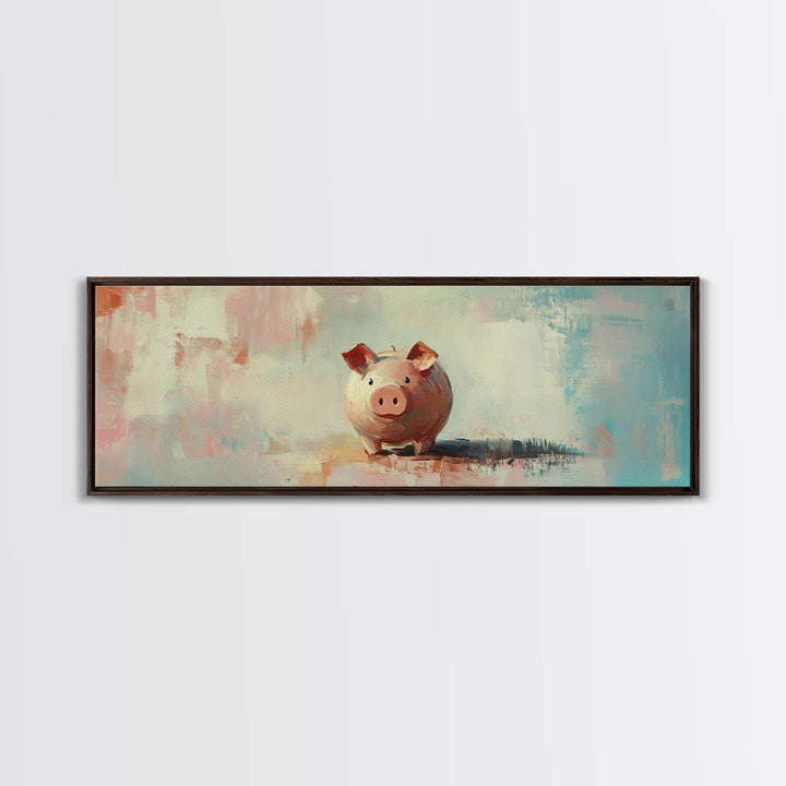 Pink Piggy Bank Oil Painting Canvas Print, Whimsical Wall Art, Cute Nursery Decor, Kids Room Art, Housewarming Gift, Fun