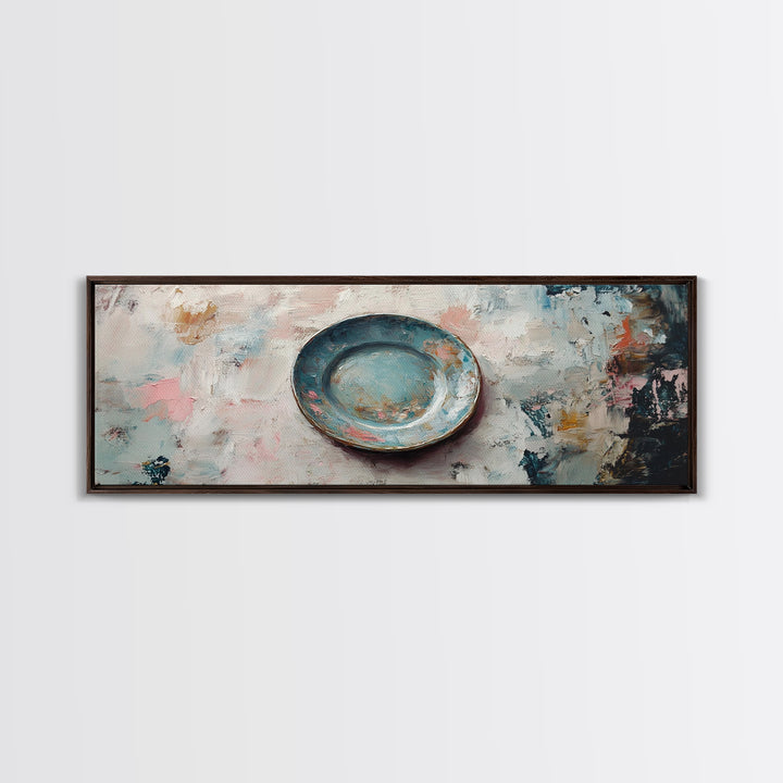 Weathered Blue Plate Wall Art, Minimalist Still Life Painting, Rustic Kitchen Decor, Textured Canvas Print For Dining Room