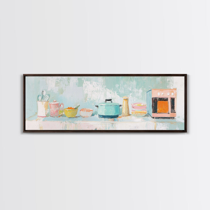 Pastel Kitchen Counter Canvas Print, Cozy Kitchen Wall Art, Modern Farmhouse Decor, Whimsical Cooking Art For Dining Room