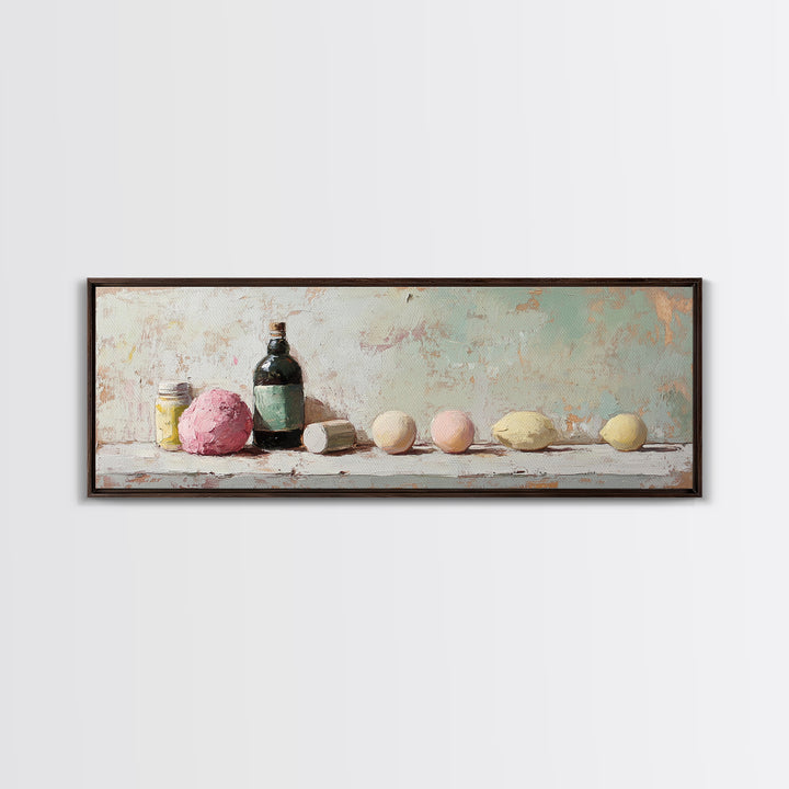 Pastel Bath Bombs And Bottles Wall Art, Spa Bathroom Decor, Apothecary Still Life, Feminine Canvas Print, Gift For Her, Home Decor