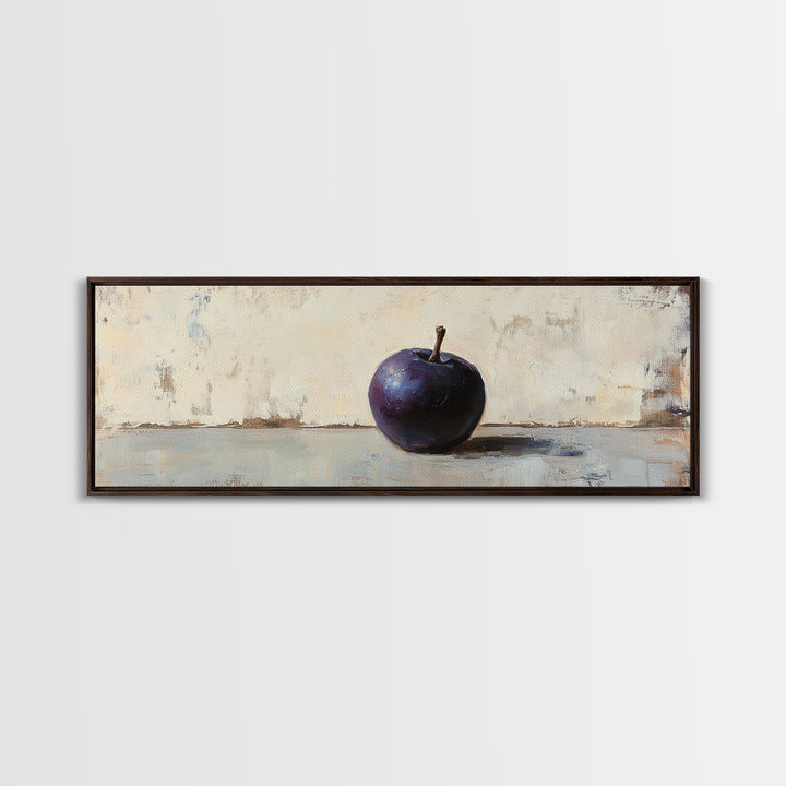 Single Purple Plum Still Life Wall Art, Minimalist Kitchen Decor, Moody Fruit Painting, Rustic Canvas Print For Dining Room