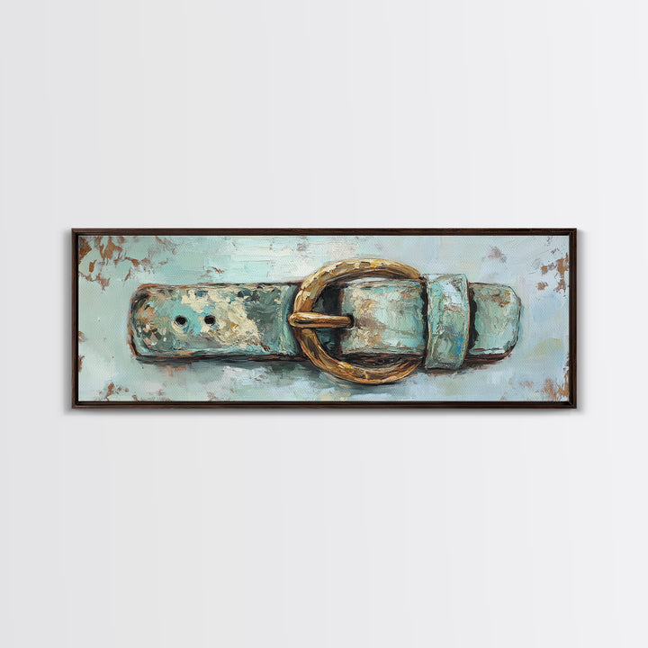 Weathered Turquoise Belt Buckle Wall Art, Western Cowboy Canvas Print, Rustic Farmhouse Decor, Man Cave And Entryway Decor