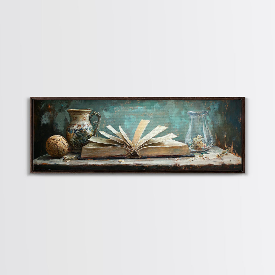 Open Antique Book With Vases Canvas Print, Dark Academia Wall Art, Literary Decor, Moody Library Reading Nook Home Decor