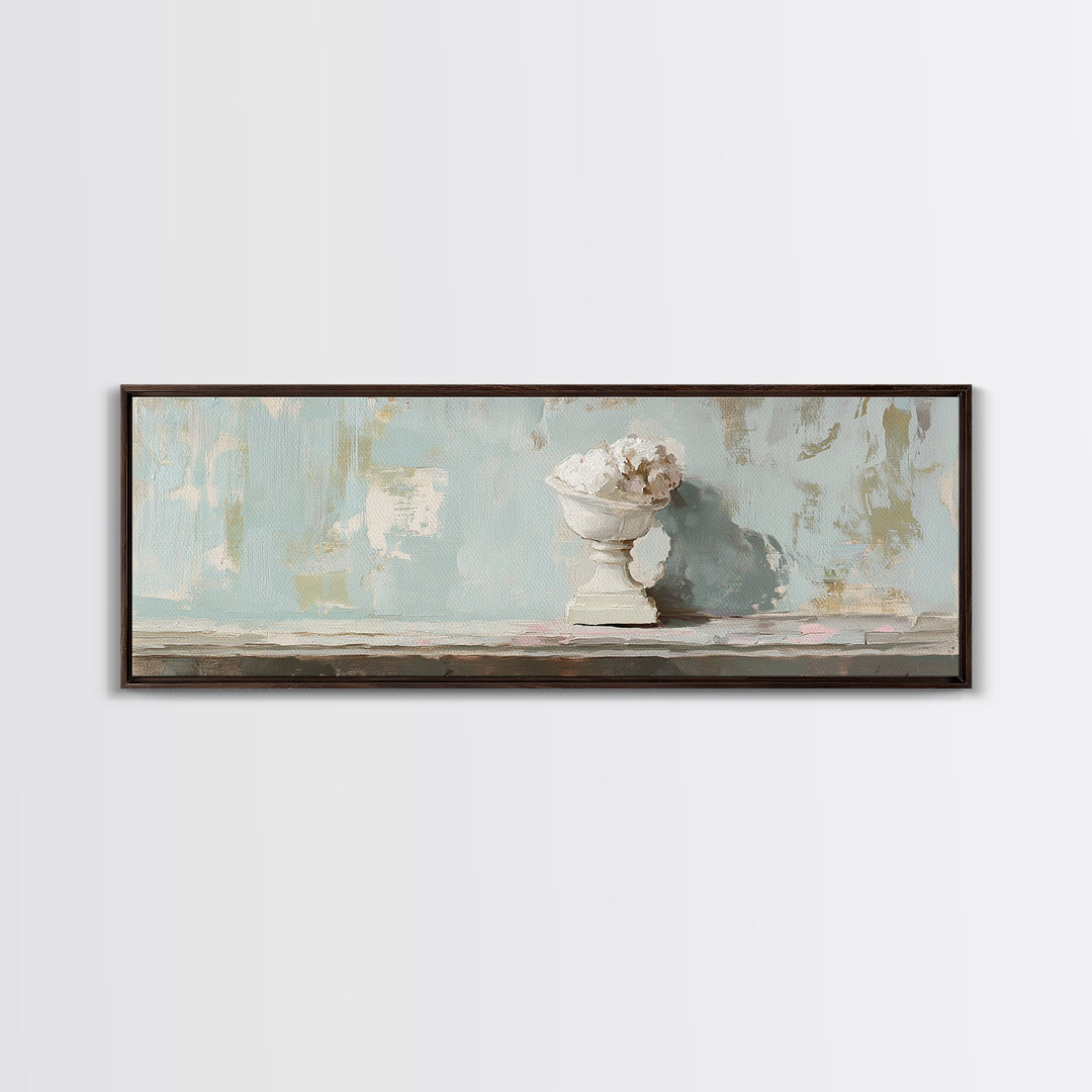 White Floral Urn Still Life Framed Canvas Print, Minimalist Wall Art, Neutral Calming Bathroom Decor, Wabi Sabi Home Decor