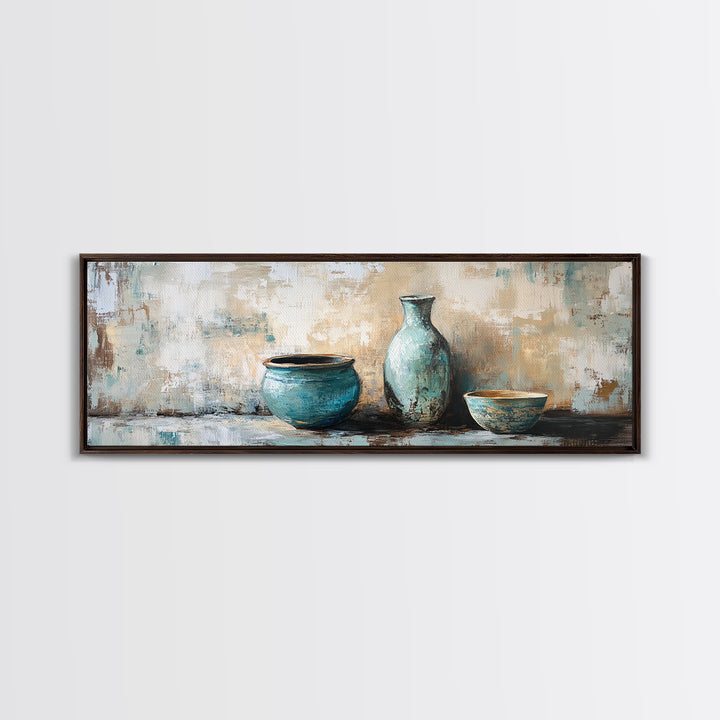 Turquoise Ceramic Vessels Still Life, Rustic Neutral Framed Canvas Print, Kitchen Wall Art, Modern Farmhouse Housewarming Gift
