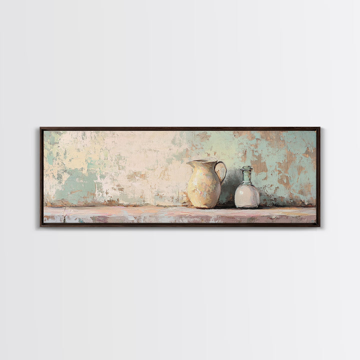 Cream Pitcher And Glass Bottle Still Life Canvas Print, Rustic Farmhouse Wall Art, Neutral Kitchen Decor, Housewarming Gift