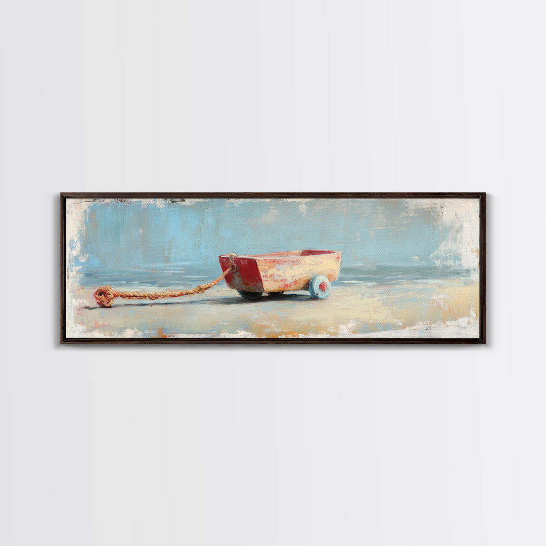Small Red Toy Boat With Rope Framed Canvas Print, Nautical Wall Art, Coastal Nursery Decor, Beach House Gift For Kids Room Decor