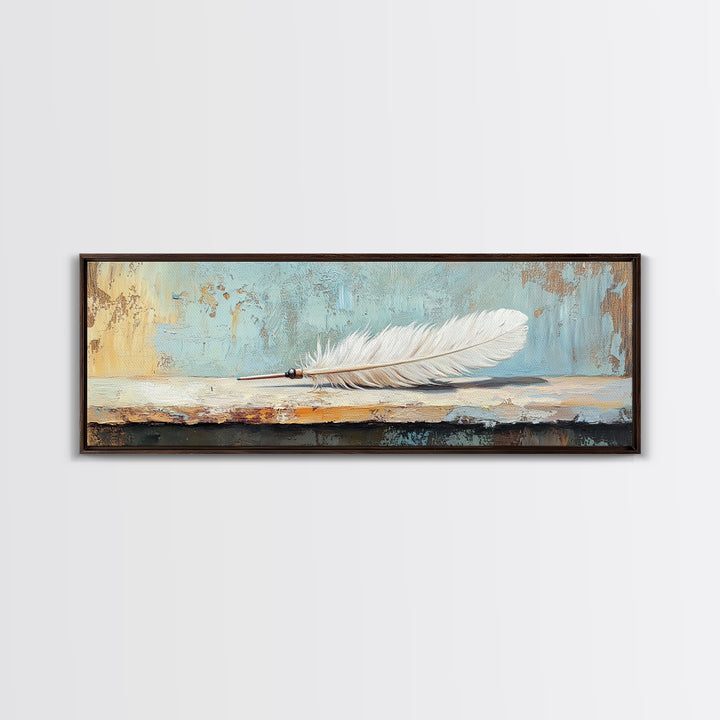 White Feather Still Life On Blue Canvas Print, Boho Wall Art, Minimalist Nature Decor, Peaceful Bedroom Decor Gift For Her