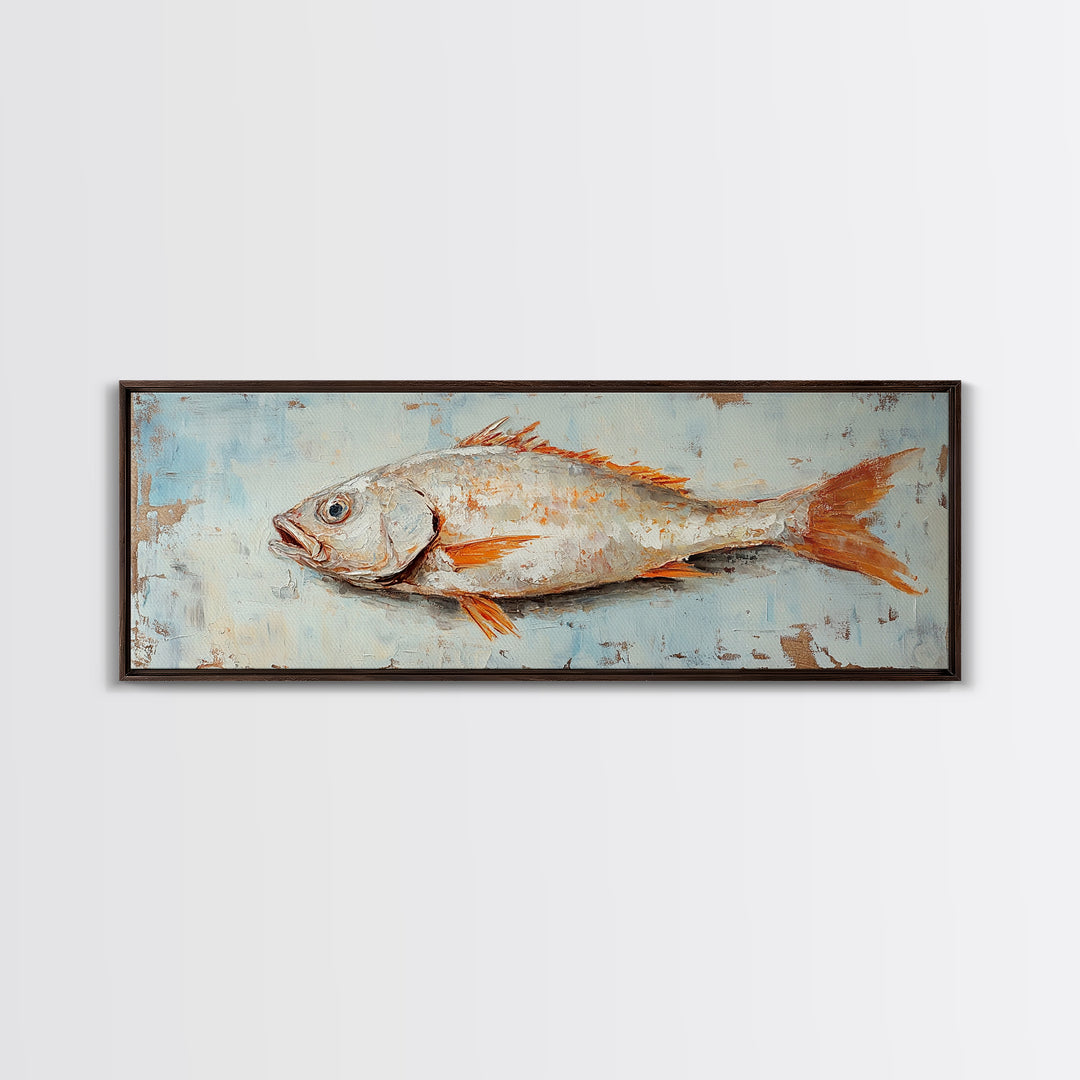 Textured Silver Fish Coastal Wall Art, Nautical Kitchen Decor, Seafood Painting Print, Beach House Ocean Art, Rustic Canvas