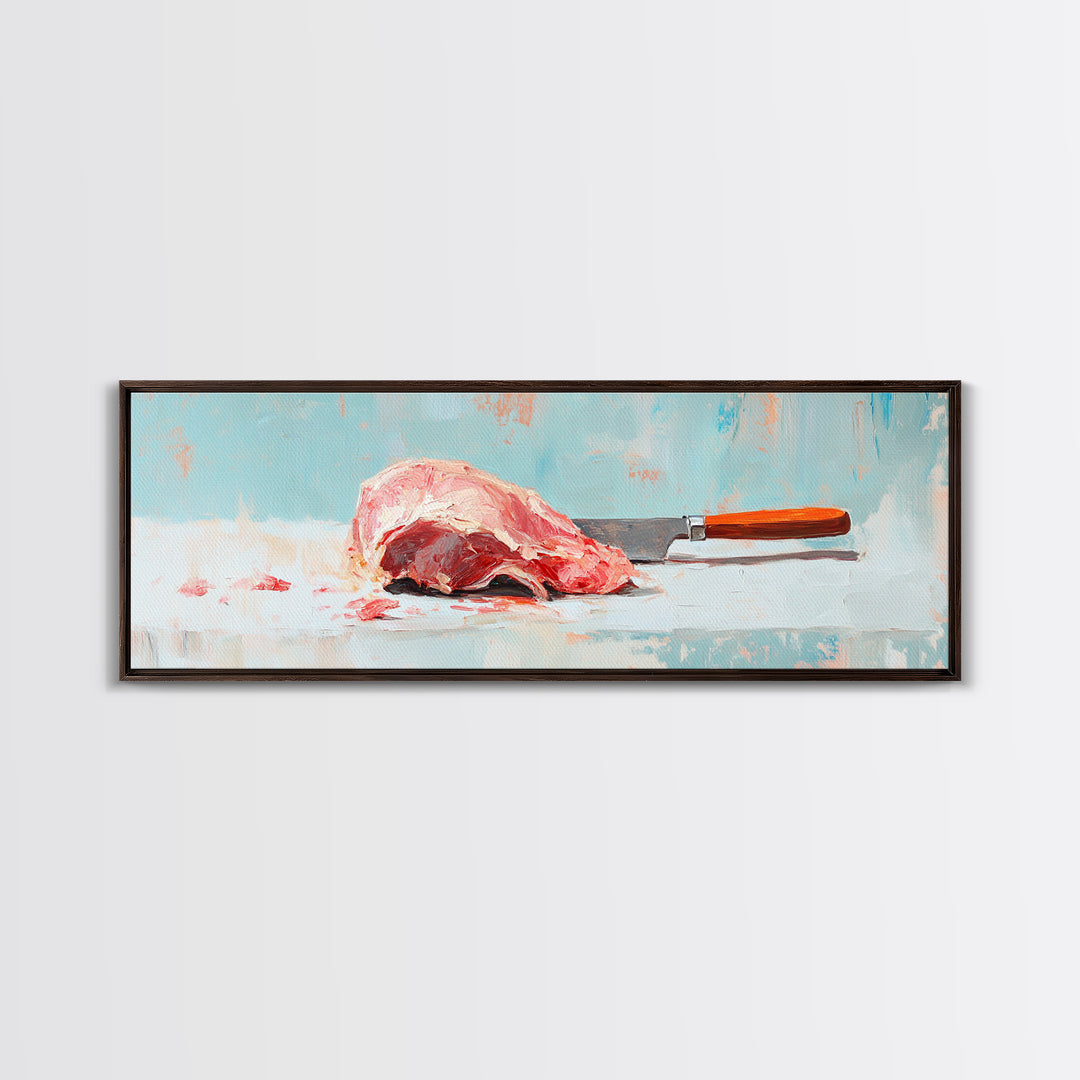 Pink Steak And Knife Kitchen Canvas Print, Butcher Shop Wall Decor, Foodie Gift, Rustic Still Life Art For Dining Room Decor