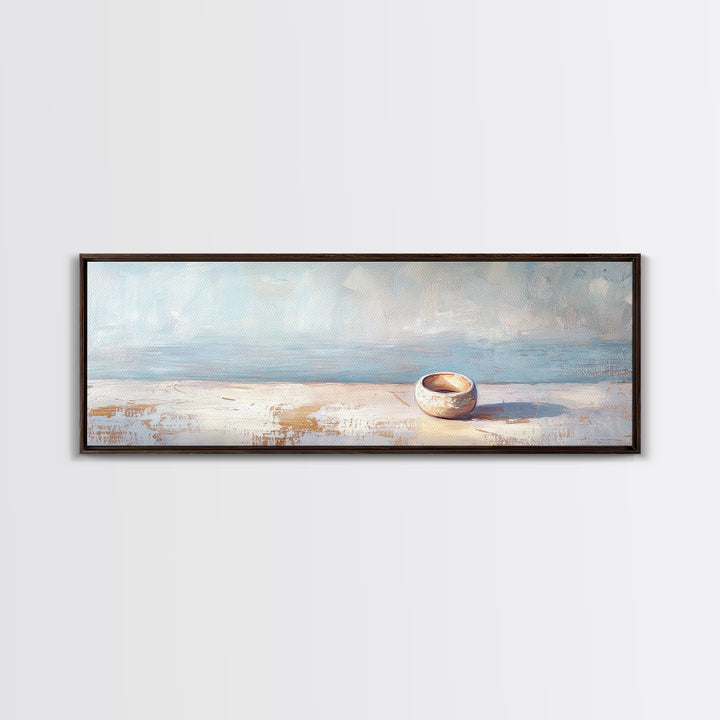 Tiny Ceramic Bowl On Blue Ledge Wall Art, Minimalist Coastal Decor, Neutral Still Life Print, Calm Japandi Home Decor Art