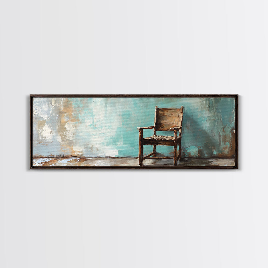 Rustic Empty Chair Wall Art, Moody Minimalist Framed Canvas Print, Wabi Sabi Office Decor, Neutral Living Room Wall Decor