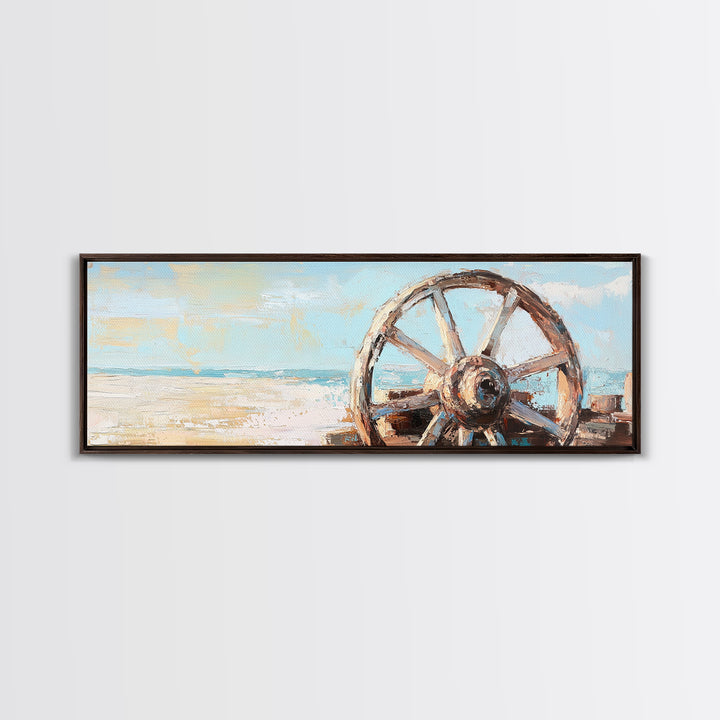 Weathered Wagon Wheel Wall Art, Coastal Beach Decor, Rustic Nautical Canvas Print, Beach House Wall Decor, Large Seascape Gift
