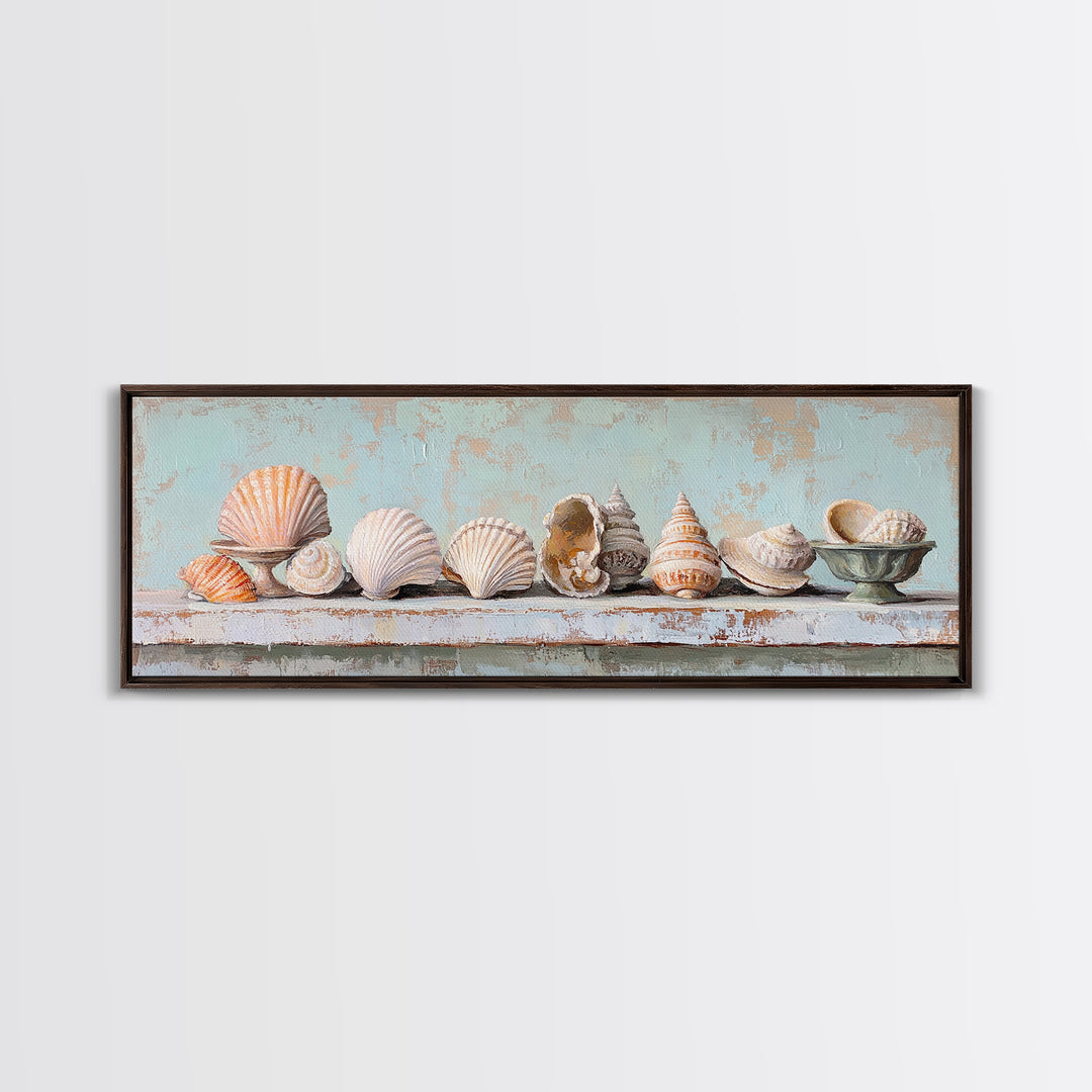 Pastel Seashell Shelf Still Life Framed Canvas Print, Coastal Wall Art, Beach House Decor, Nautical Bathroom Wall Decor, Ocean Print