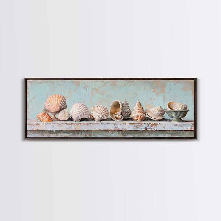 Pastel Seashell Shelf Still Life Framed Canvas Print, Coastal Wall Art, Beach House Decor, Nautical Bathroom Wall Decor, Ocean Print