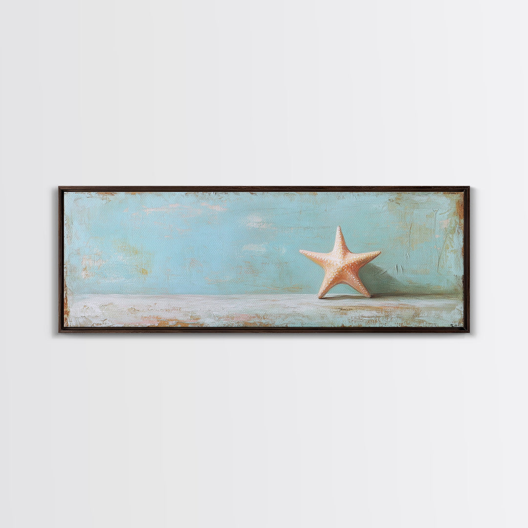 Single Starfish On Weathered Blue Shelf Wall Art, Minimalist Coastal Decor, Beach House Bathroom Canvas Print, Ocean Wall Decor