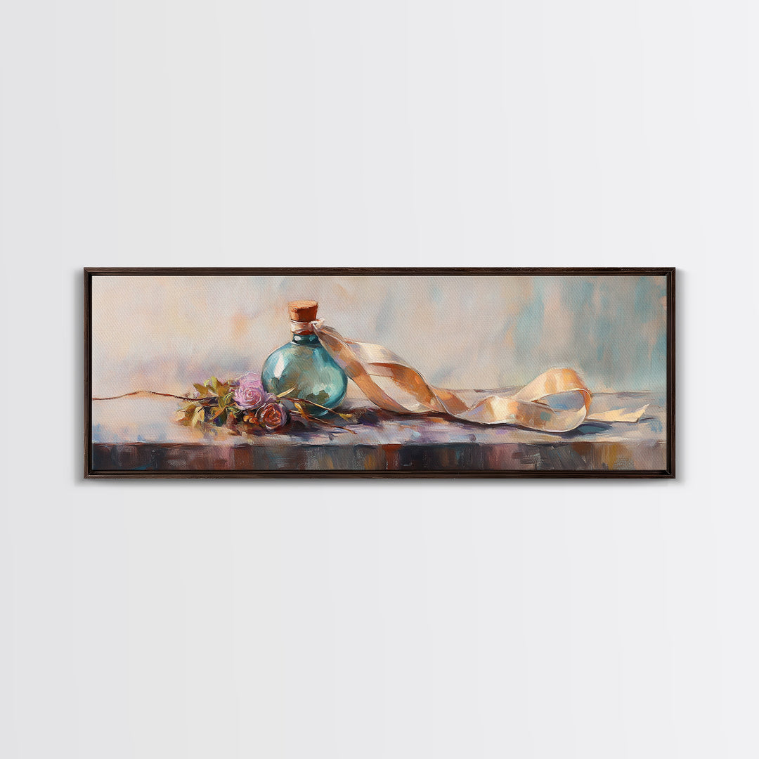Coastal Bottle Ribbon And Shell Still Life Framed Canvas Print, Beach House Wall Art, Nautical Decor, Soft Pastel Art, Home Decor
