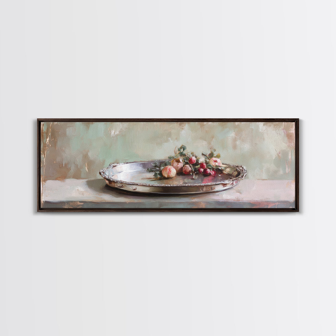 Antique Silver Tray With Red Berries Wall Art, Rustic Still Life Framed Canvas Print, Farmhouse Dining Room Decor, Kitchen Wall Decor