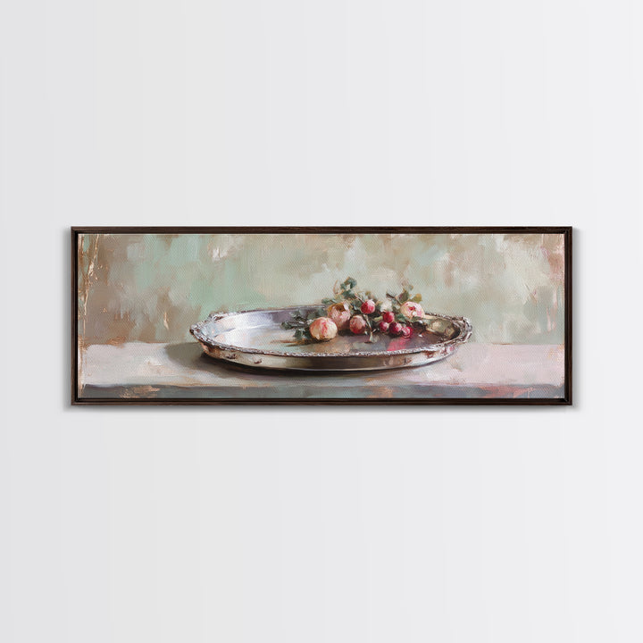 Antique Silver Tray With Red Berries Wall Art, Rustic Still Life Framed Canvas Print, Farmhouse Dining Room Decor, Kitchen Wall Decor
