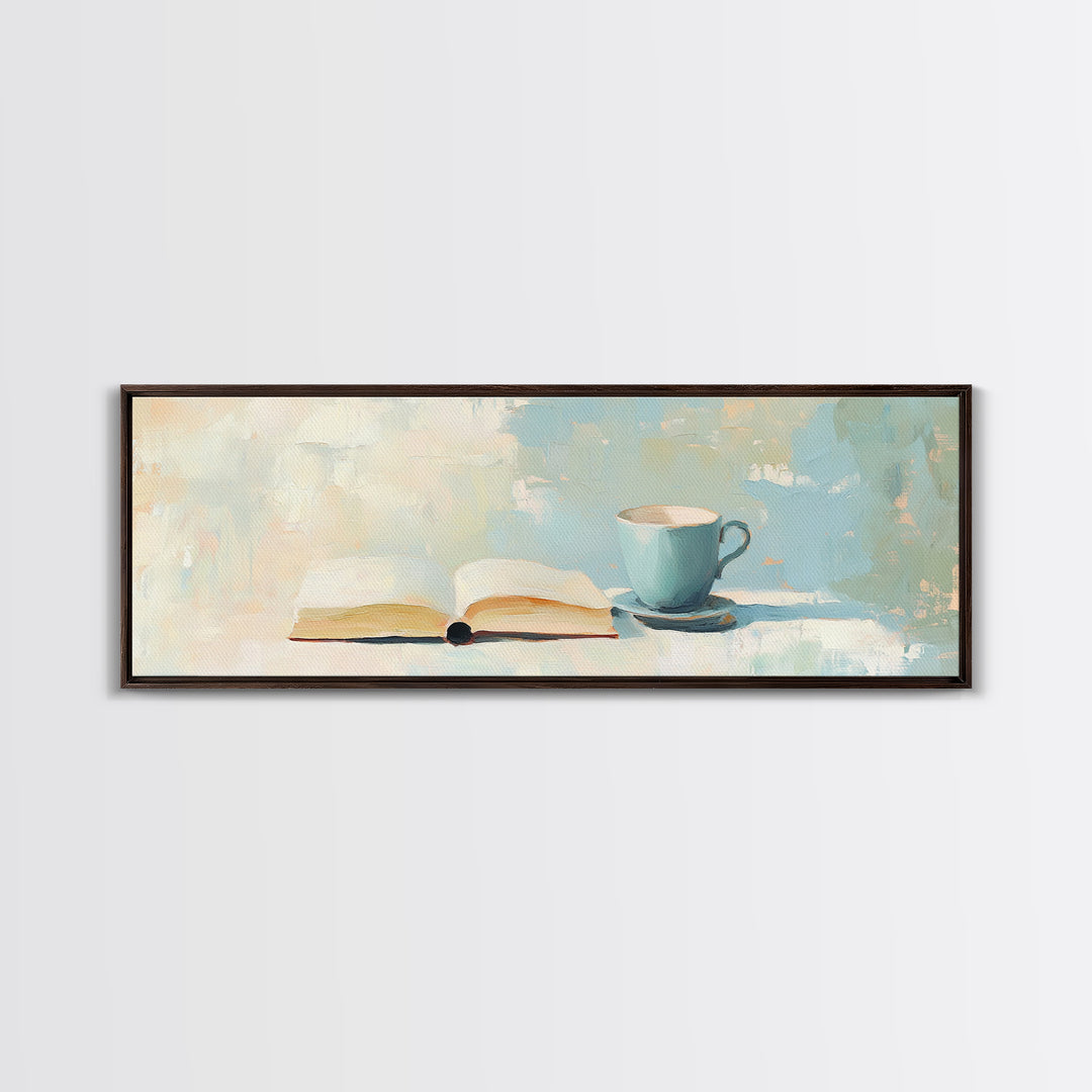 Open Book And Blue Teacup Wall Art, Cozy Reading Nook Print, Book Lover Gift, Minimalist Home Decor, Living Room Decor, Wall Decor