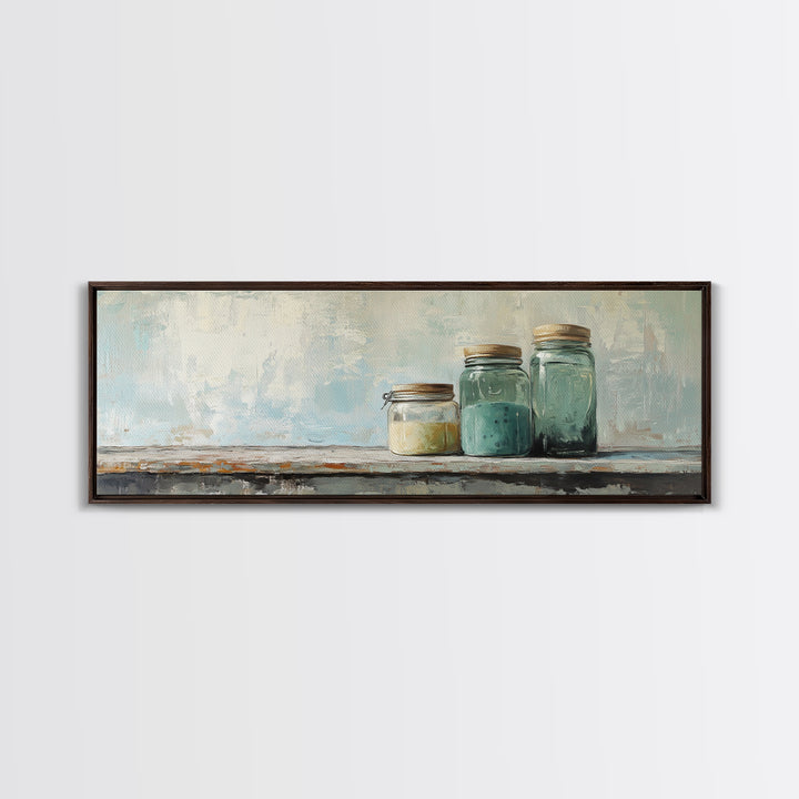 Minimalist Blue Glass Jars Canvas Print, Rustic Kitchen Wall Decor, Neutral Home Decor, Farmhouse Art, Modern Still Life Print
