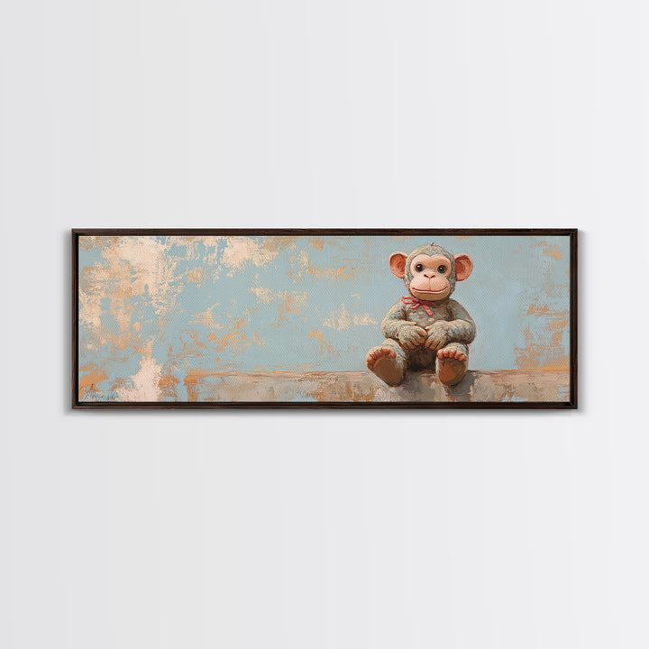 Plush Monkey Toy On Blue Nursery Wall Art, Whimsical Animal Art, Kids Room Decor, Baby Shower Gift, Cute Animal Canvas Print