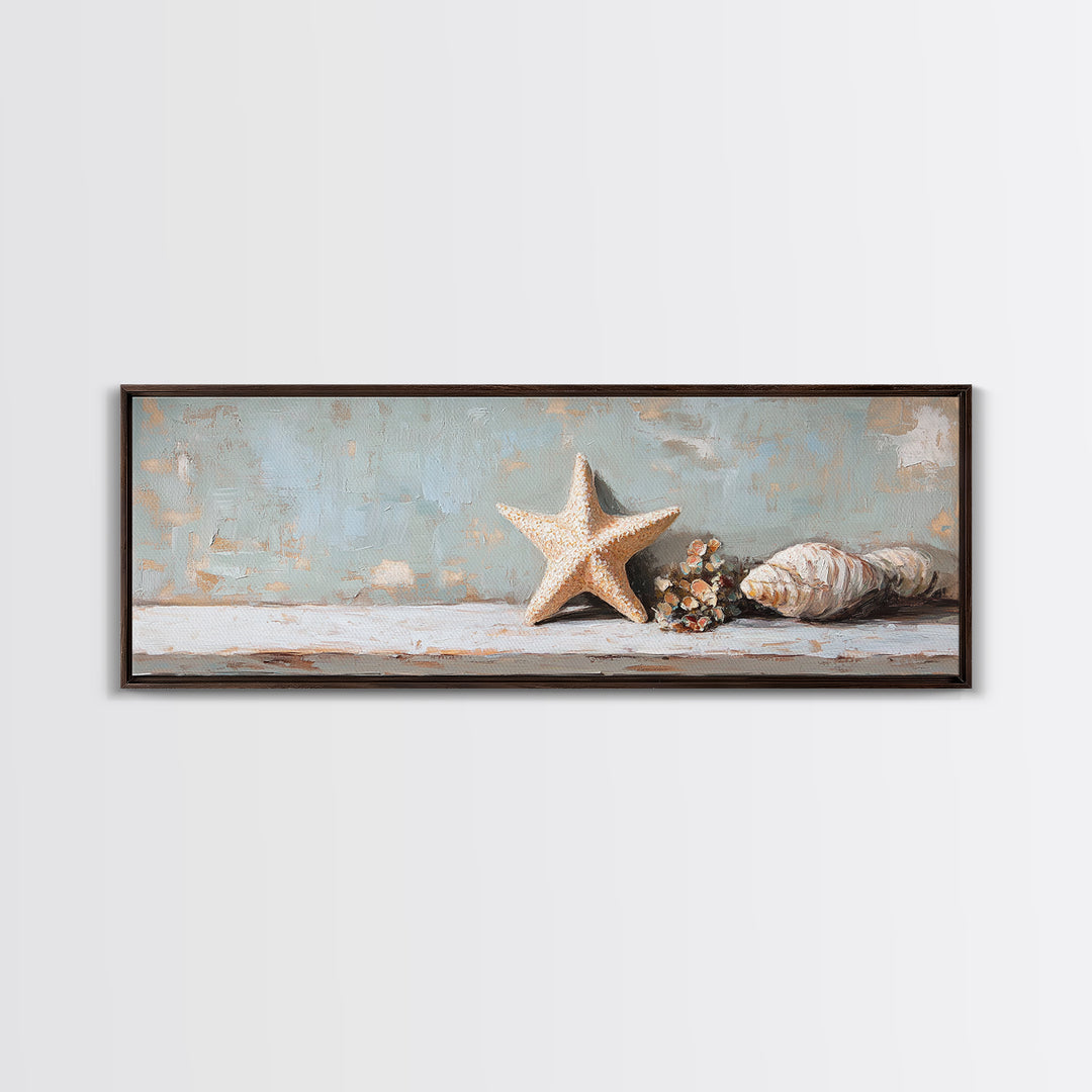 Starfish And Conch Shell Wall Art, Coastal Bathroom Decor, Beach House Canvas Print, Nautical Ocean Home Decor Housewarming Gift