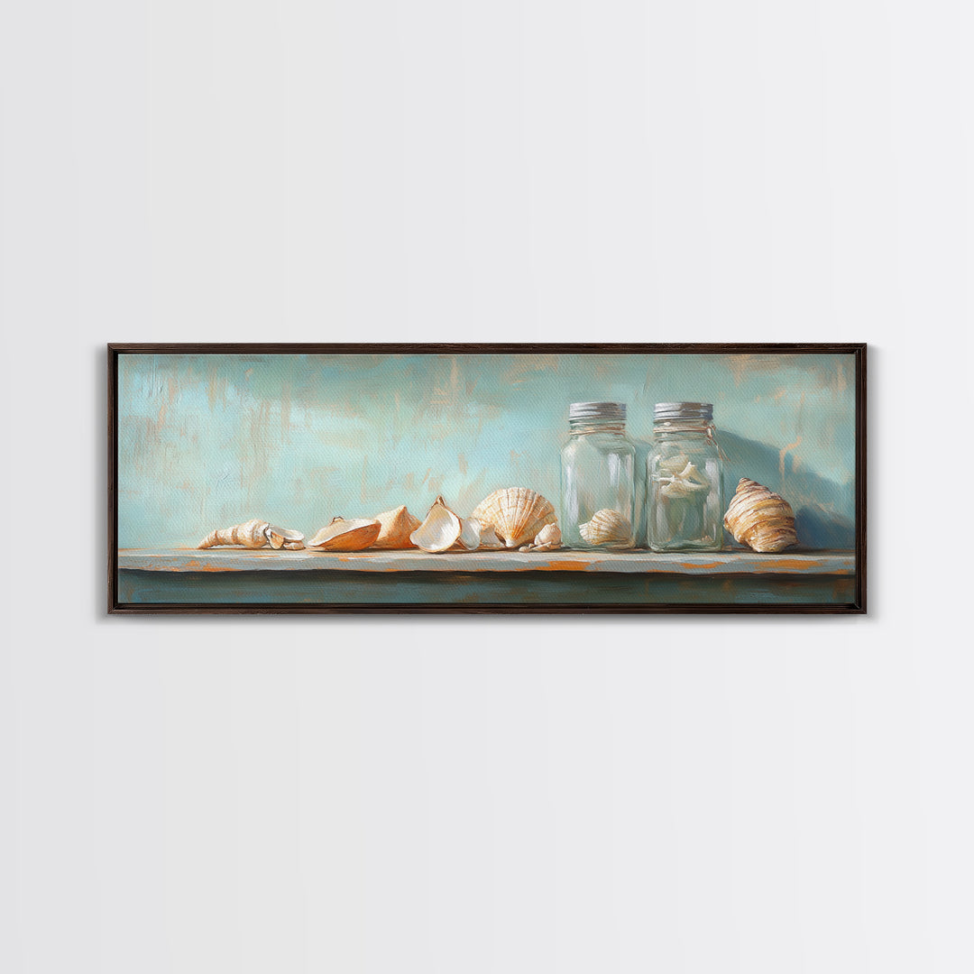 Seashells And Glass Jars Wall Art, Coastal Bathroom Decor, Beach House Canvas Print, Nautical Ocean Home Shelf Decor Gift