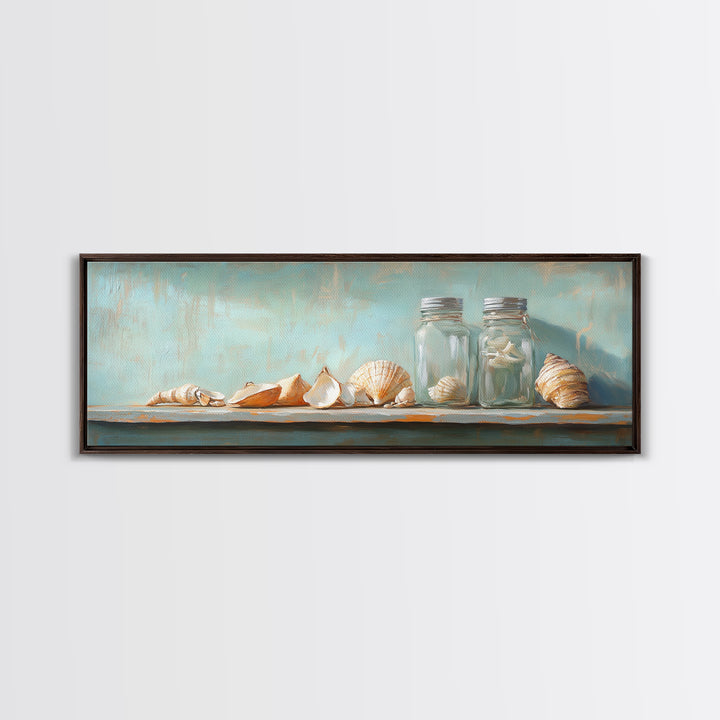 Seashells And Glass Jars Wall Art, Coastal Bathroom Decor, Beach House Canvas Print, Nautical Ocean Home Shelf Decor Gift