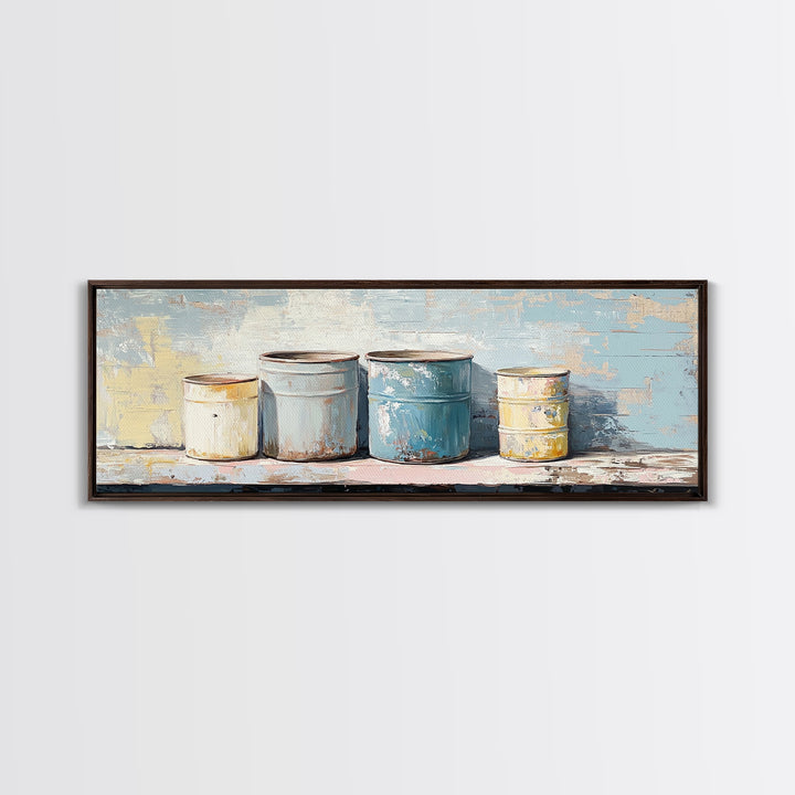 Weathered Paint Cans Still Life Wall Art, Rustic Studio Decor, Industrial Canvas Print, Blue Neutral Workshop Wall Decor Gift