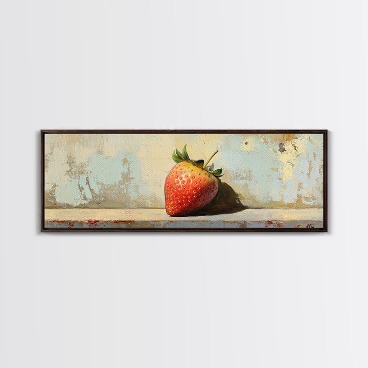 Single Strawberry Still Life Wall Art, Rustic Kitchen Decor, Fruit Art Print, Farmhouse Canvas, Dining Room Decor Gift Idea