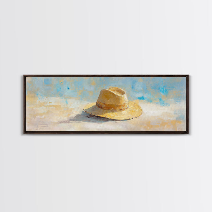 Straw Sun Hat Canvas Print, Coastal Beach Wall Art, Summer Home Decor, Minimalist Seascape, Vacation Housewarming Gift Idea