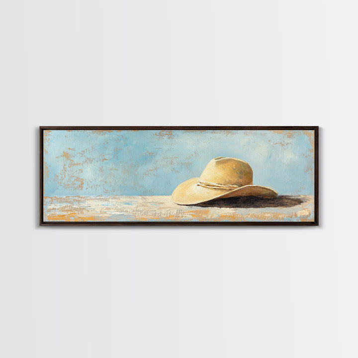Wide Brim Straw Hat Wall Art, Neutral Coastal Decor, Beach House Print, Summer Bedroom Decor, Minimalist Canvas Gift For Her
