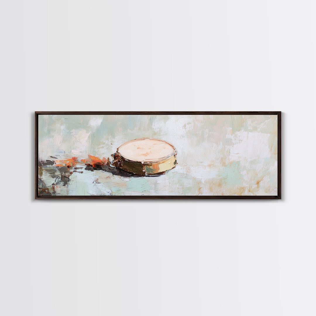 Rustic Hand Drum Framed Canvas Print, Boho Music Wall Art, Earth Tone Instrument Decor, Textured Contemporary Painting Print