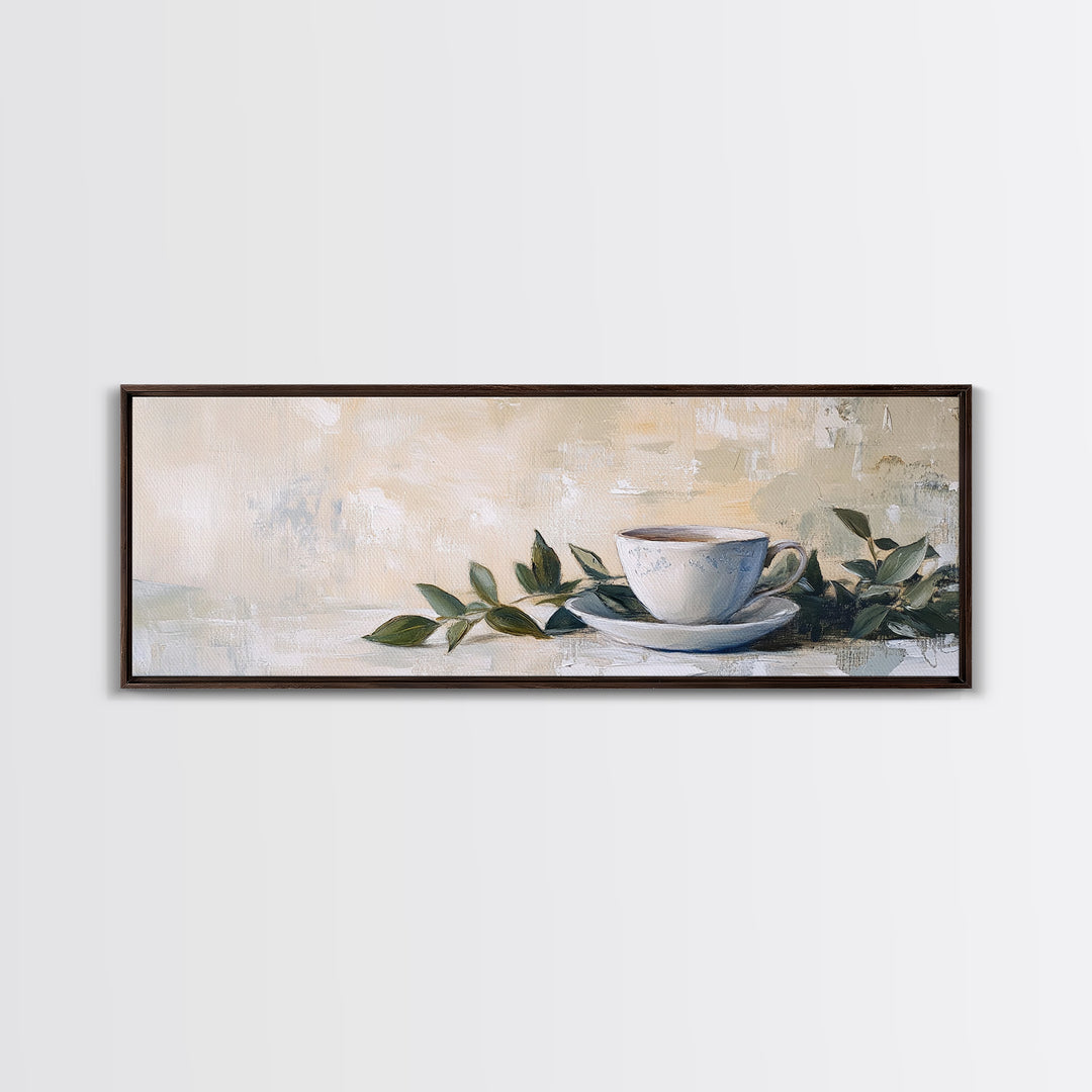 White Teacup With Green Leaves Canvas Print, Neutral Kitchen Wall Art, Rustic Home Decor, Cozy Cafe Art, Housewarming Gift