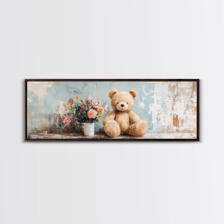 Teddy Bear With Flower Vase Canvas Print, Nursery Wall Art, Whimsical Kids Room Decor, Baby Shower Gift, Cute Animal Art